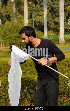 Jeune homme la collecte à l'aide d'un entomologiste Insectes Insectes net ou de la glisser pour sa collecte de spécimens d'insectes pendant un été lumineux Banque D'Images