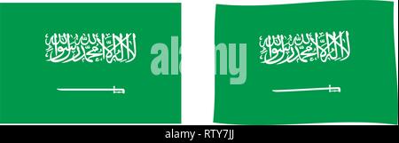 Royaume d'Arabie Saoudite d'un drapeau blanc Shahada calligraphiques et croyance islamique sword sur champ vert) . Version simple et légèrement onduler. Illustration de Vecteur