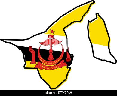 Carte simplifiée du Brunéi aperçu, avec légèrement pliés drapeau sous elle. Illustration de Vecteur