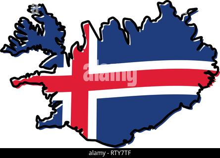 Carte simplifiée de l'Islande, avec contour légèrement pliés drapeau sous elle. Illustration de Vecteur