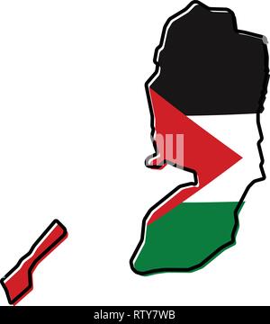 Carte simplifiée de la Palestine (Cisjordanie et bande de Gaza) aperçu, avec légèrement pliés drapeau sous elle. Illustration de Vecteur