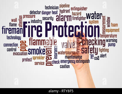 Nuage de mots protection incendie et part avec le concept sur fond blanc. Banque D'Images