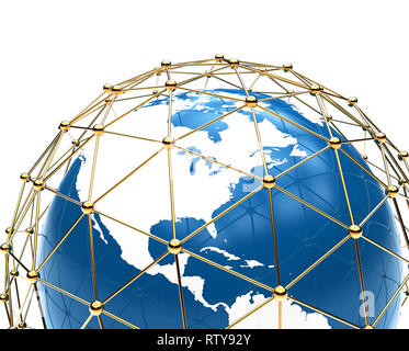Planète sur fond blanc avec la connexion globale : 3D illustration Banque D'Images