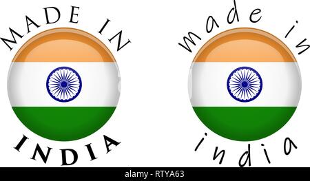 Made in India simple bouton 3D signe. Le texte autour de cercle avec drapeau indien. Décontracté et décent version police. Illustration de Vecteur