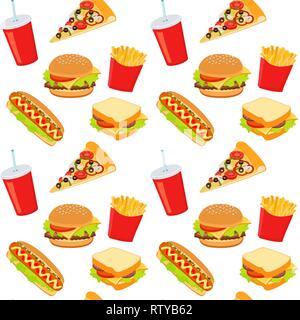 Hamburger, hot-dog, boisson coca. La nourriture à emporter. Arrière-plan de restauration rapide. Modèle sans couture. Illustration Raster sur fond blanc Banque D'Images