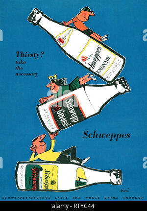 1958 La publicité pour les boissons Schweppes, illustré par Siré. Banque D'Images