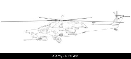 Hélicoptère en contours style. Illustration de la représentation filaire créé 3d. Illustration de Vecteur