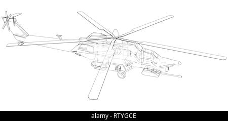 Hélicoptère en contours style. Illustration de la représentation filaire créé 3d. Illustration de Vecteur