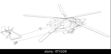 Hélicoptère en contours style. Illustration de la représentation filaire créé 3d. Illustration de Vecteur