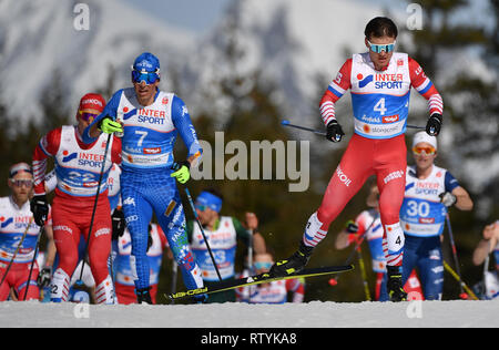 Seefeld, Autriche. 06Th Mar, 2019. Ski nordique : Championnat du monde, cross-country - 50 km départ groupé freestyle, les hommes. Andrej Melnitschenko (r) de la Russie en action à côté de Francesco De Fabiani (2e de gauche) de l'Italie. Credit : Hendrik Schmidt/dpa-Zentralbild/dpa/Alamy Live News Banque D'Images