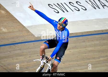 Le cyclisme sur piste Championnats du Monde UCI 2019 le 1 mars 2019 à l'arène dans Pruszk BGZ, Pologne. Filippo Ganna ITA remporte l'or chez les hommes poursuite individuelle (Photo par Sander Chamid/SCS/AFLO) Banque D'Images