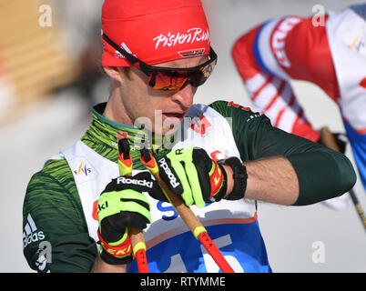 Seefeld, Autriche. 06Th Mar, 2019. Ski nordique : Championnat du monde, cross-country - 50 km départ groupé freestyle, les hommes. Florian Notz de Allemagne réagit à l'arrivée. Credit : Hendrik Schmidt/dpa-Zentralbild/dpa/Alamy Live News Banque D'Images