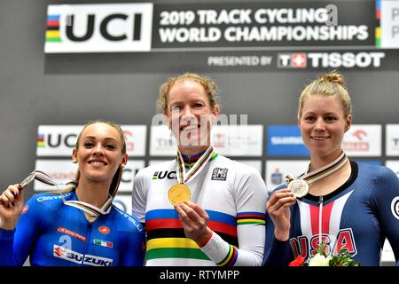 Le cyclisme sur piste Championnats du Monde UCI 2019 le 1 mars 2019 à l'arène dans Pruszk BGZ, Pologne. Kirsten Wild remporte le Womens Omnium, Letizia gauche droite, ITA Paternoster Jennifer Valente USA Crédit : Sander Chamid/SCS/AFLO/Alamy Live News Banque D'Images