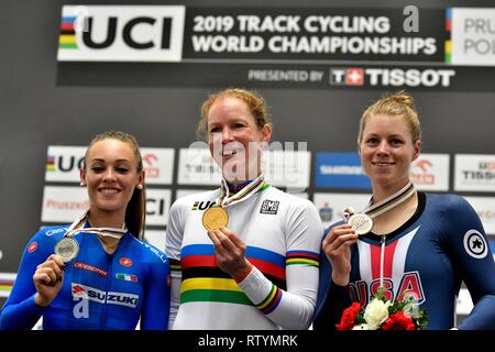 Le cyclisme sur piste Championnats du Monde UCI 2019 le 1 mars 2019 à l'arène dans Pruszk BGZ, Pologne. Kirsten Wild remporte le Womens Omnium, Letizia gauche droite, ITA Paternoster Jennifer Valente USA Crédit : Sander Chamid/SCS/AFLO/Alamy Live News Banque D'Images