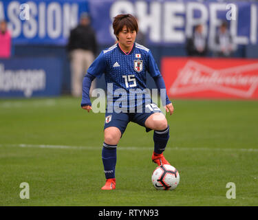 Nashville, USA. 09Th Mar, 2019. Le Japon de l'avant de l'équipe nationale féminine, MOMIKI Yuka (15), obtient le contrôle de la balle pendant le match de football entre le Brésil et le Japon, dans la tasse, elle croit de Nissan Stadium à Nashville, TN. Kevin Langley/Sports médias du Sud/CSM/Alamy Live News Banque D'Images