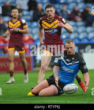 Huddersfield, UK, 3 mars 2019. John Smiths Stadium, Huddersfield, Angleterre ; Rugby League Super League Betfred, Huddersfield Giants vs Hull FC ; Hull FCÕs Joe Westerman traverse pour le premier essai du match. Crédit : Dean Dean Williams Williams/Alamy Live News Banque D'Images