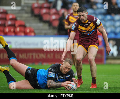 Huddersfield, UK, 3 mars 2019. John Smiths Stadium, Huddersfield, Angleterre ; Rugby League Super League Betfred, Huddersfield Giants vs Hull FC ; Hull FCÕs Joe Westerman traverse pour le premier essai du match. Crédit : Dean Dean Williams Williams/Alamy Live News Banque D'Images