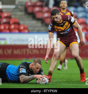 Huddersfield, UK, 3 mars 2019. John Smiths Stadium, Huddersfield, Angleterre ; Rugby League Super League Betfred, Huddersfield Giants vs Hull FC ; Hull FCÕs Joe Westerman traverse pour le premier essai du match. Crédit : Dean Dean Williams Williams/Alamy Live News Banque D'Images