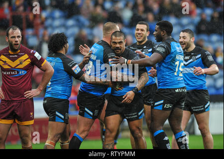 Huddersfield, UK, 3 mars 2019. John Smiths Stadium, Huddersfield, Angleterre ; Rugby League Super League Betfred, Huddersfield Giants vs Hull FC ; Hull FCÕs Westermanon coéquipiers félicite Joe le premier essai du match. Crédit : Dean Dean Williams Williams/Alamy Live News Banque D'Images