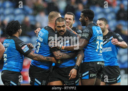 Huddersfield, UK, 3 mars 2019. John Smiths Stadium, Huddersfield, Angleterre ; Rugby League Super League Betfred, Huddersfield Giants vs Hull FC ; Hull FCÕs Westermanon coéquipiers félicite Joe le premier essai du match. Crédit : Dean Dean Williams Williams/Alamy Live News Banque D'Images