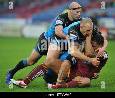 Huddersfield, UK. Le 3 mars 2019. John Smiths Stadium, Huddersfield, Angleterre ; Rugby League Super League Betfred, Huddersfield Giants vs Hull FC ; Danny Houghton et doyen d'arrêt Hadley Jordanie Turner. Crédit : Dean Dean Williams Williams/Alamy Live News Banque D'Images