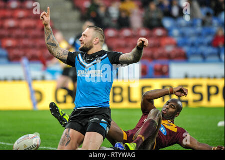 Huddersfield, UK. Le 3 mars 2019. John Smiths Stadium, Huddersfield, Angleterre ; Rugby League Super League Betfred, Huddersfield Giants vs Hull FC ; Josh Griffin célèbre son deuxième essai. Crédit : Dean Dean Williams Williams/Alamy Live News Banque D'Images