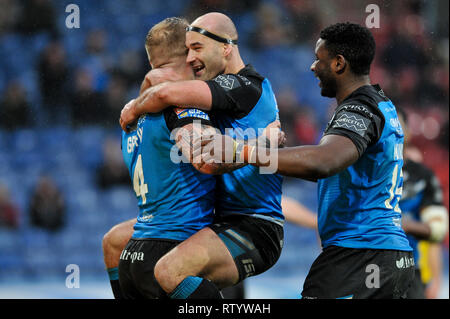 Huddersfield, UK. Le 3 mars 2019. John Smiths Stadium, Huddersfield, Angleterre ; Rugby League Super League Betfred, Huddersfield Giants vs Hull Hull FC, FC ; Danny Houghton dives sur try scorer Josh Griffin. Crédit : Dean Dean Williams Williams/Alamy Live News Banque D'Images