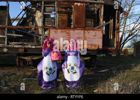 3 mars 2019 - AlmazÃ¡N, Soria, Espagne - Deux fêtards habillés comme des poupées Matriochka sont vus posant pour une photo pendant le Carnaval.La ville de AlmazÃ¡n célèbre le dernier jour de carnaval, province de Soria et au nord de l'Espagne. Cette région espagnole est l'un des plus grands désert en termes de population avec seulement 8,8 habitants au km2) : Crédit Jorge Sanz SOPA/Images/ZUMA/Alamy Fil Live News Banque D'Images