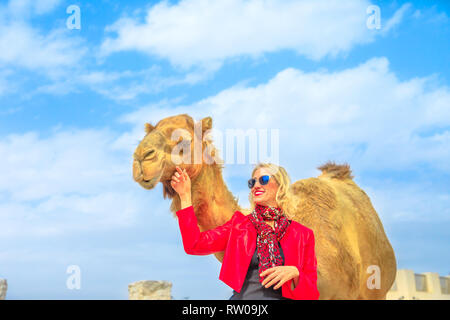 Femme heureuse touche et interagit avec un chameau dans le centre-ville de Doha, près de Souq Waqif, le vieux marché au Qatar. Tourisme en milieu caucasien voyageur Banque D'Images