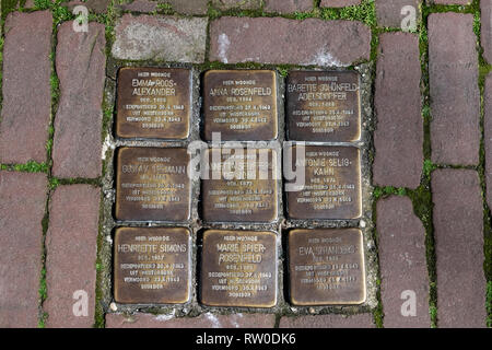 Pays-bas, Gouda, 2017, pierres d'achoppement, ou des plaques de laiton memorial stolpersteine sont placés dans la chaussée à l'extérieur de certaines maisons ou d'expulsion Banque D'Images