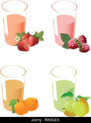 L'illustration montre un ensemble de jus dans un verre avec différents fruits. Fait isolé sur fond blanc, sur des calques distincts. Illustration de Vecteur