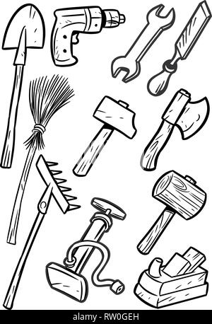 L'illustration montre quelques types d'outils de construction. Illustration réalisée contour noir isolé sur fond blanc, sur des calques distincts. Illustration de Vecteur