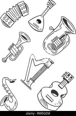 L'illustration montre quelques instruments de musique à cordes et à vent. Illustration faite sur des couches distinctes, contour noir, isolé sur fond blanc Illustration de Vecteur