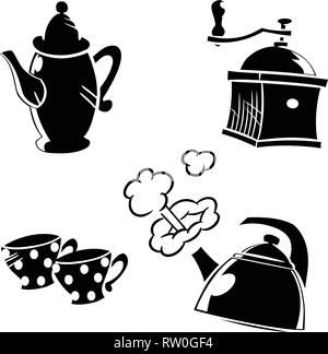 L'illustration montre un ensemble d'ustensiles pour faire du café. Fait dans le style de silhouette noire, isolé sur un fond blanc, sur des calques distincts. Illustration de Vecteur