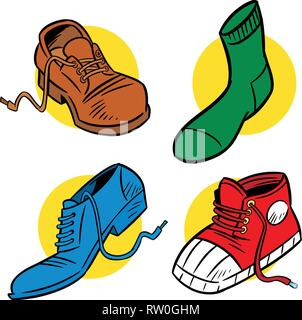 L'illustration présente plusieurs chaussures. L'illustration est présentée dans le style dessin animé sur des calques distincts. Illustration de Vecteur