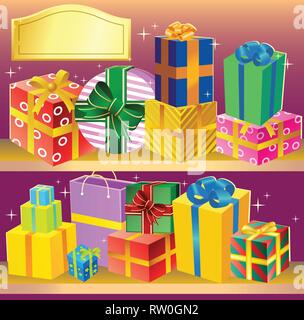 Sur des étagères sont disposés de magnifiques cadeaux colorés.Multi-boîtes et paquets colorés attachés à un ruban d'arcs.Il y a un champ de texte. Illustration de Vecteur