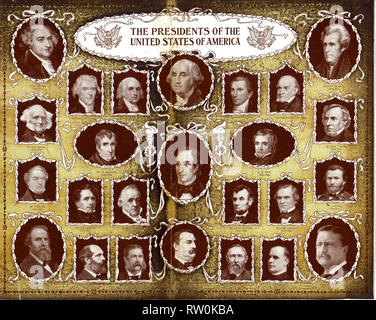 Vers 1910 une illustration de tous les présidents des États-Unis jusqu'à ce moment-là, y compris Washington (1789-1797) John Adams (1797-1801), Thomas Jefferson (1801-1809) James Madison (1809-1817) James Monroe (1817-1825) John Quincy Adams (1825-1829) Andrew Jackson (1829-1837) Martin Van Buren (1837-1841) William Henry Harrison (1841) John Tyler (1841-1845) James K. Polk (1845-1849) Zachary Taylor (1849-1850) Millard Fillmore (1850-1853) Franklin Pierce (1853-1857) James Buchanan (1857-1861) Abraham Lincoln (1861-1865) Andrew Johnson (1865-1869) Ulysses S. Grant (1869-1877) Rutherford B. Hayes (1877-1881 Banque D'Images