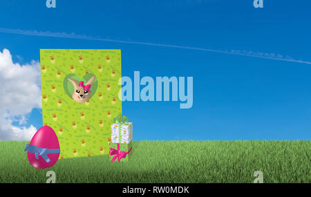 Carte de souhaits d'un lapin de pâques ressemble avec présente et œuf de Pâques sur pré vert avec nuage bleu ciel. Le rendu 3D Banque D'Images