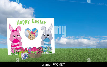 Carte de souhaits avec kawaii bunny, dont un lapin de pâques ressemble avec présente et Easter basket sur pré vert avec nuage bleu ciel. Le rendu 3D Banque D'Images