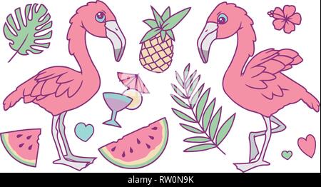 Cute vector set avec style cartoon couleur pastel collection exotique de Flamingo oiseaux avec le melon, l'ananas, la feuille de palmier, cocktail, fleur et coeur Illustration de Vecteur