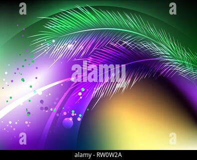 Abstract, violet, vert, jaune, fond irisé avec plumes moelleuses et des confettis. Maison de Mardi Gras. Illustration de Vecteur