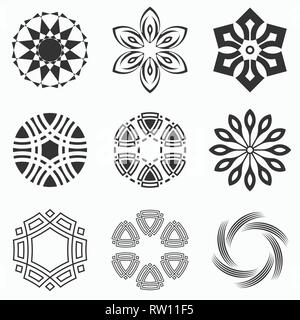 Résumé des formes géométriques, des symboles pour votre conception. Centre symétrique des formes. Les couleurs monochromes. Éléments de conception.Collection de symboles vectoriels abstraits Illustration de Vecteur