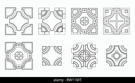 Set de 8 formes géométriques symétriques tile. Faites des formes à l'aide de la ligne, des rectangles et des cercles. Symboles abstraits. Éléments du vecteur. Illustration de Vecteur