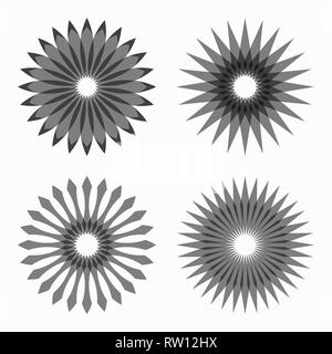 Ensemble de formes géométriques circulaires abstraites. La géométrie sacrée. Sunburst, formes d'étoile. Éléments de conception. Radial, la fusion des lignes. Star des symboles. Lo ronde Illustration de Vecteur