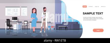 Femme enceinte visitant homme médecin gynécologue consultation gynécologique concept santé Hôpital clinique moderne toute la longueur de l'intérieur du cabinet Illustration de Vecteur