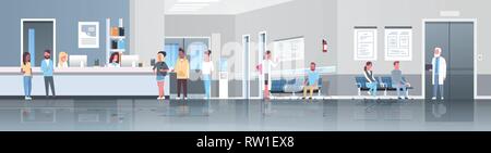 Les patients de race mix ligne permanent à la file d'attente de réception de l'hôpital les médecins de soins de consultation clinique médicale plein intérieur concept Illustration de Vecteur