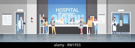 Les patients de race mix ligne permanent file d'attente à la réception de l'hôpital 24 médecins de soins de consultation clinique hall d'attente concept complet d'intérieur Illustration de Vecteur