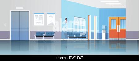 Couloir de l'hôpital salle d'attente de l'information avec le président du conseil d'ascenseur et aucun peuple vide portes d'intérieur de la bannière horizontale de la clinique Illustration de Vecteur
