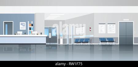 La réception de l'hôpital salle d'attente avec la lutte contre les portes et sièges d'ascenseur vide pas de gens de l'intérieur de la clinique médicale de bannière horizontale télévision panorama Illustration de Vecteur