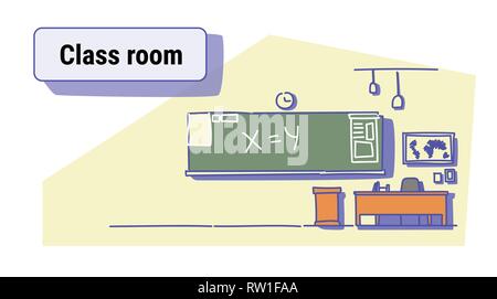 Salle de classe salle de classe de l'école vide intérieur avec tableau noir et 24 croquis colorés horizontales doodle Illustration de Vecteur